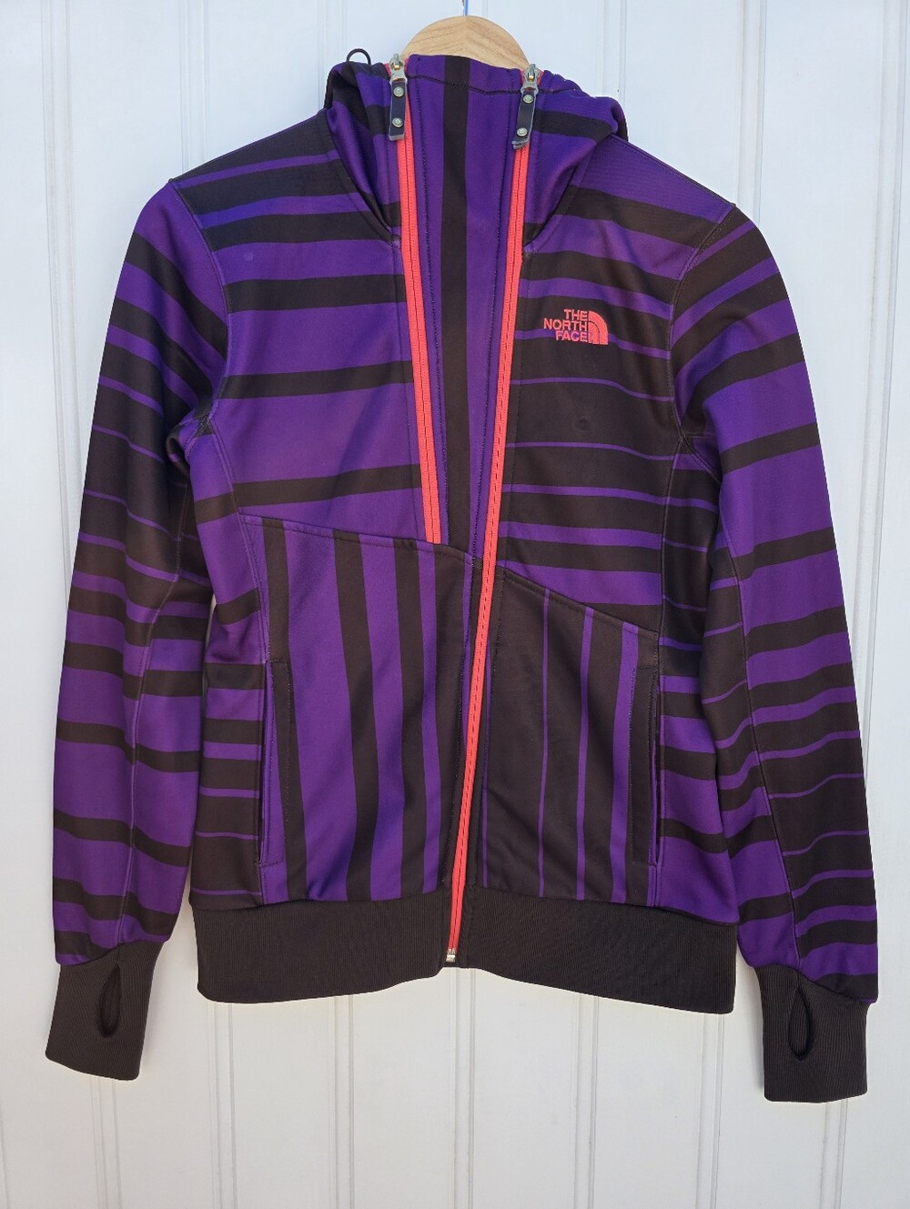 The North Face Thatch Hooded Full Zip Purple Striped Jacket Purple Small